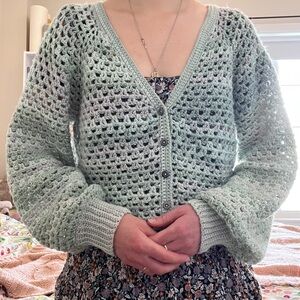 Women's Handmade Crochet Green Cardigan / Merino Wool Blend